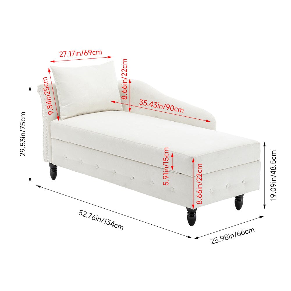 Storage Chaise Lounge White Chenille with Cushion Black Rubber Wood Legs Living and Home 