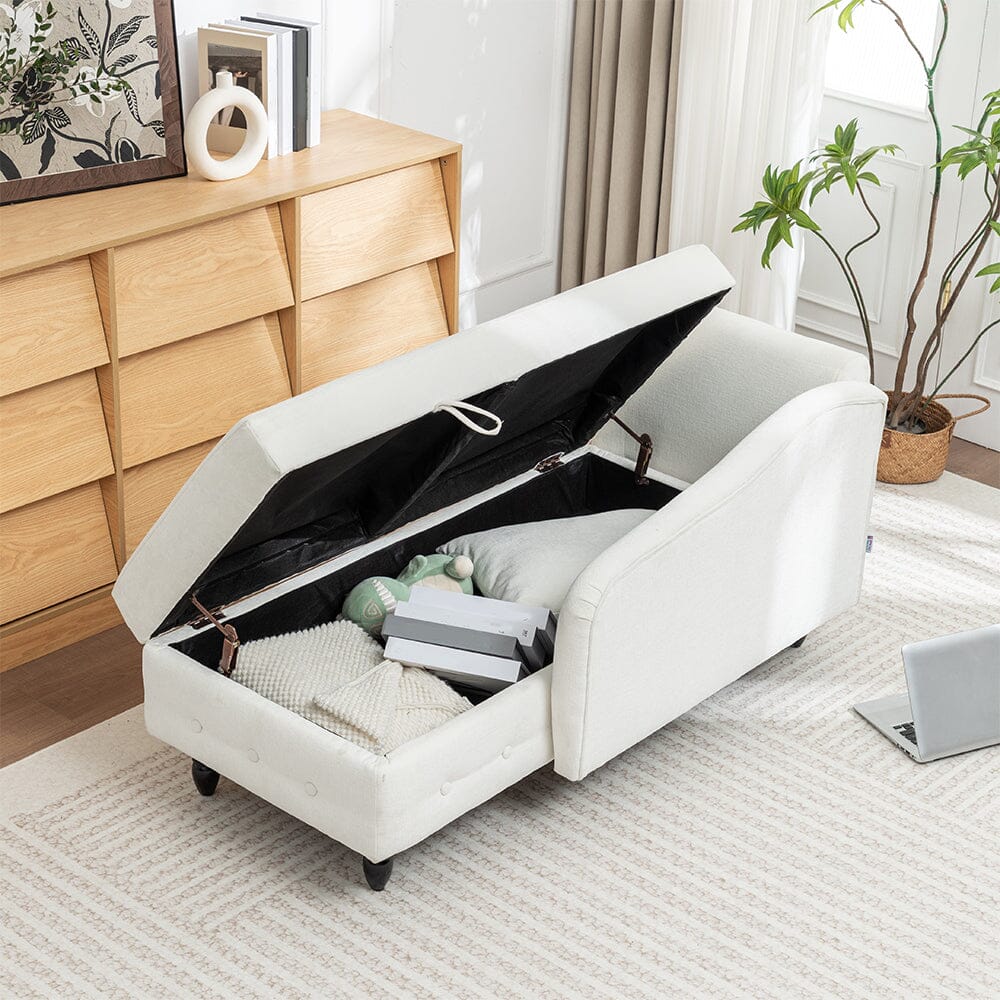 Storage Chaise Lounge White Chenille with Cushion Black Rubber Wood Legs Living and Home 