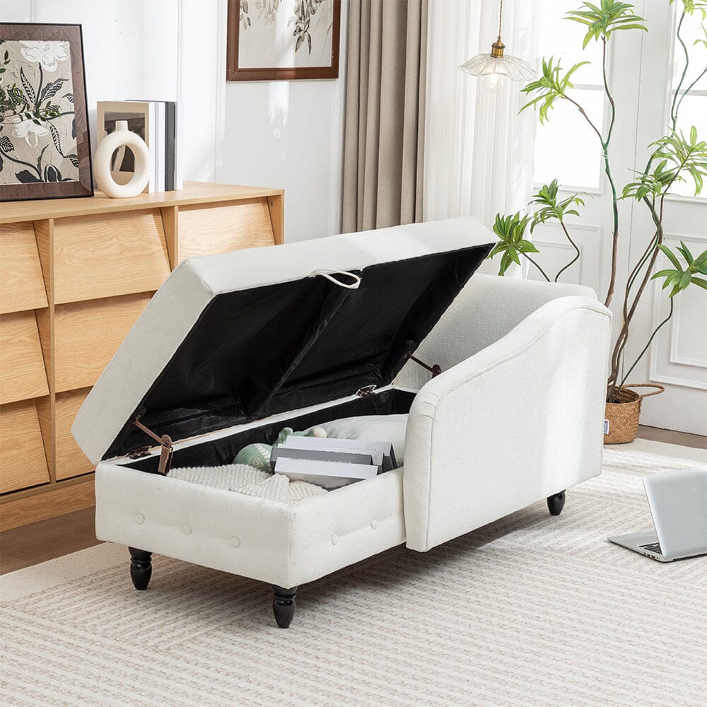 Storage Chaise Lounge White Chenille with Cushion Black Rubber Wood Legs Living and Home 