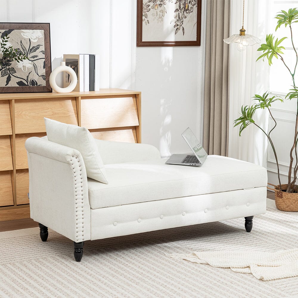Storage Chaise Lounge White Chenille with Cushion Black Rubber Wood Legs Living and Home 