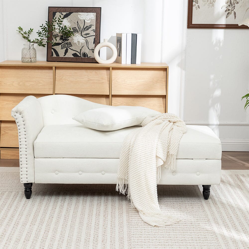 Storage Chaise Lounge White Chenille with Cushion Black Rubber Wood Legs Living and Home 