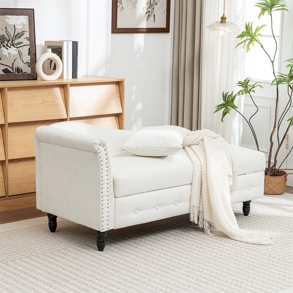 Storage Chaise Lounge White Chenille with Cushion Black Rubber Wood Legs Living and Home 