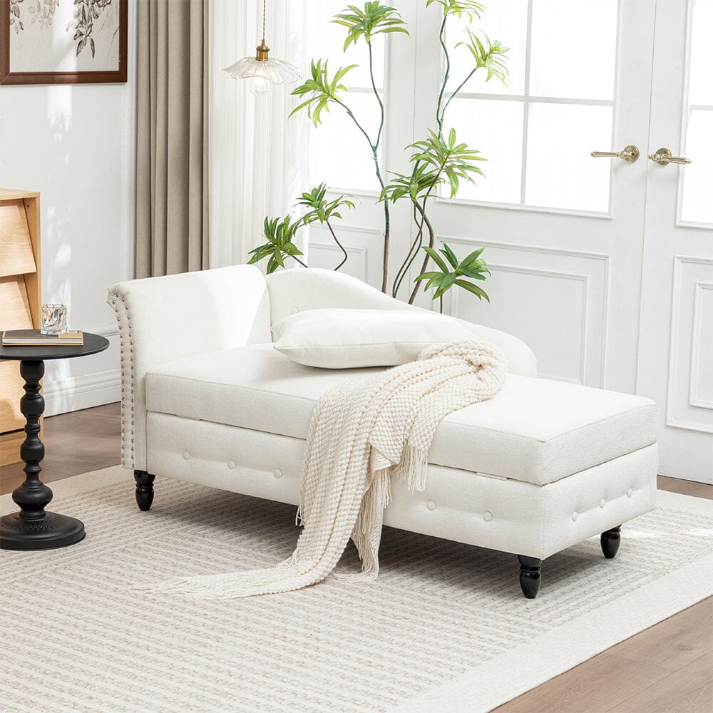 Storage Chaise Lounge White Chenille with Cushion Black Rubber Wood Legs Living and Home 