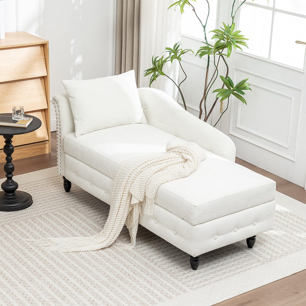 Storage Chaise Lounge White Chenille with Cushion Black Rubber Wood Legs Living and Home 