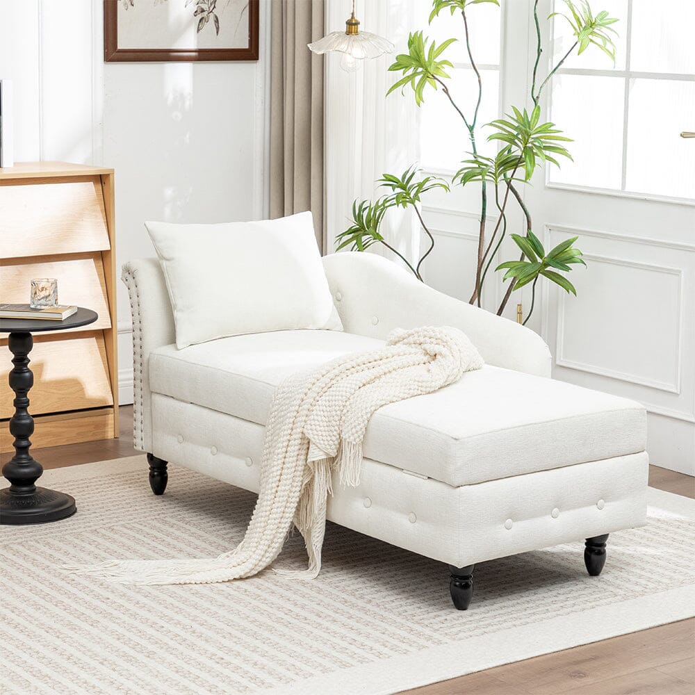 Storage Chaise Lounge White Chenille with Cushion Black Rubber Wood Legs Living and Home 