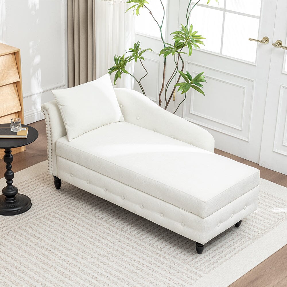 Storage Chaise Lounge White Chenille with Cushion Black Rubber Wood Legs Living and Home 
