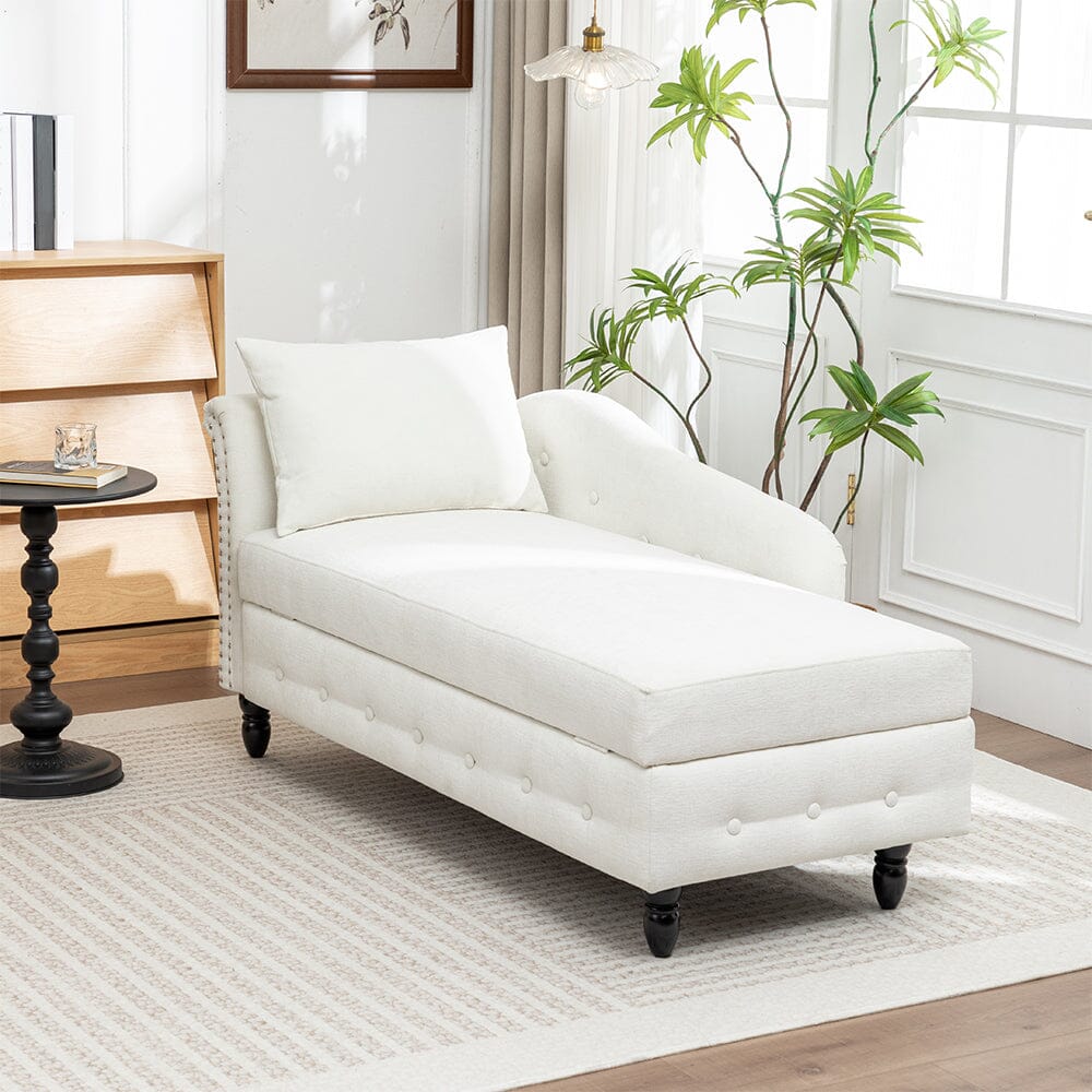 Storage Chaise Lounge White Chenille with Cushion Black Rubber Wood Legs Living and Home 