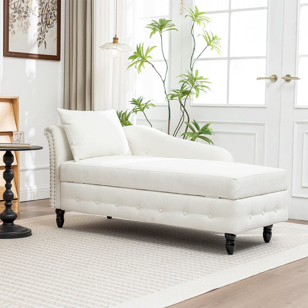 Storage Chaise Lounge White Chenille with Cushion Black Rubber Wood Legs Living and Home 