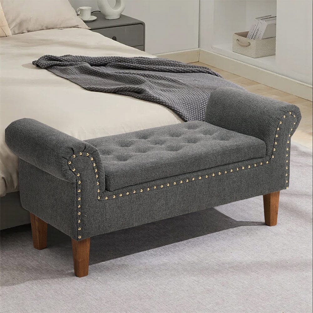 Grey Linen Storage Bench with Tufted Top, Walnut Legs &amp; Gold Studs Living and Home 