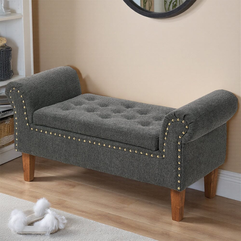 Grey Linen Storage Bench with Tufted Top, Walnut Legs &amp; Gold Studs Living and Home 