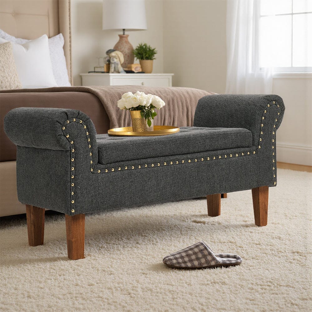 Grey Linen Storage Bench with Tufted Top, Walnut Legs &amp; Gold Studs Living and Home 