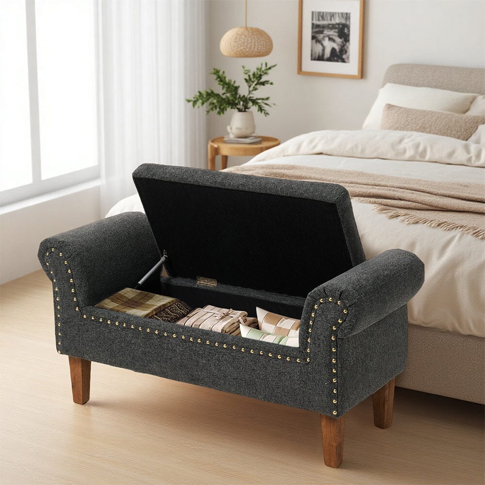 Grey Linen Storage Bench with Tufted Top, Walnut Legs &amp; Gold Studs Living and Home 