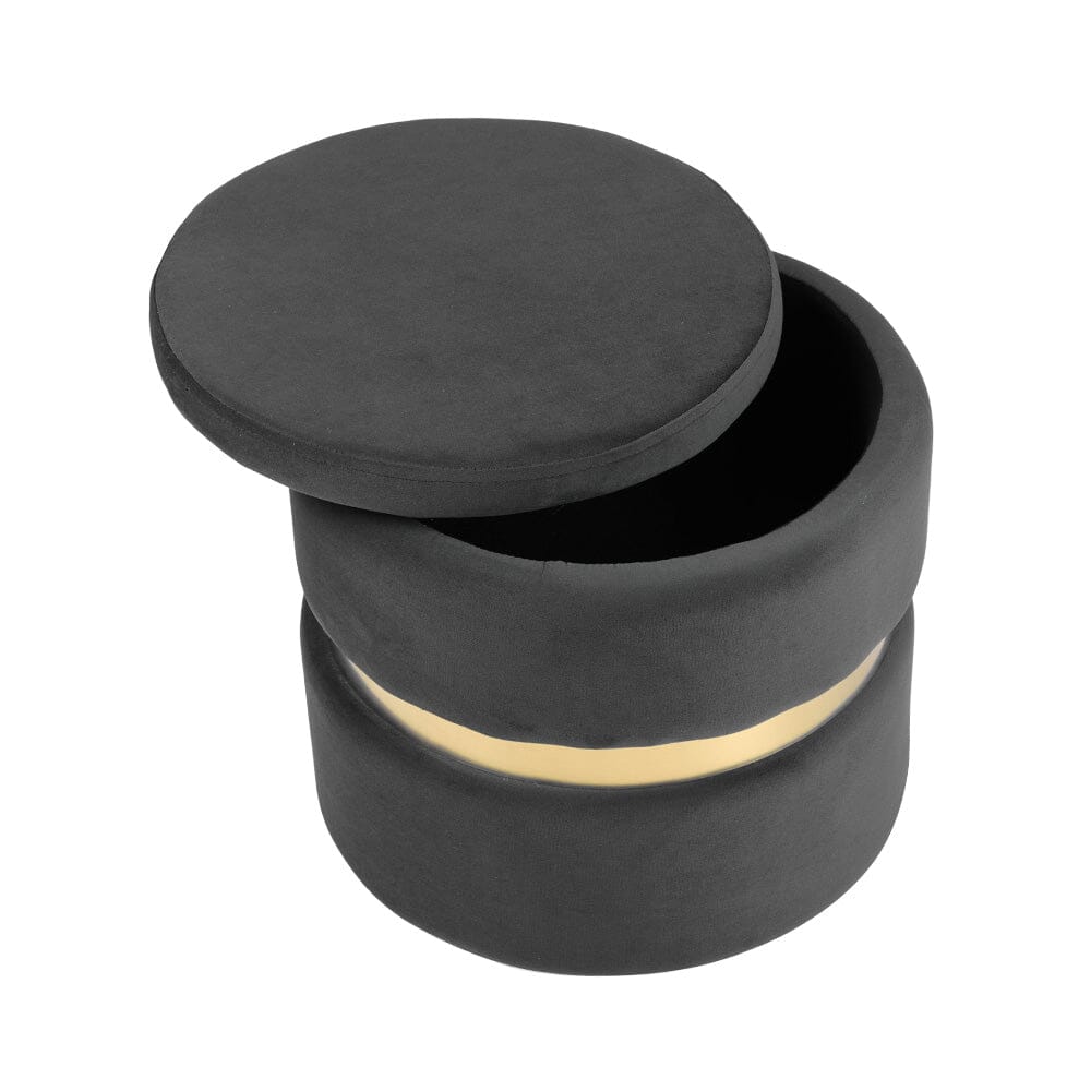 Velvet Storage Ottoman with Gold Ring Base – Compact Upholstered Footstool Living and Home Grey 