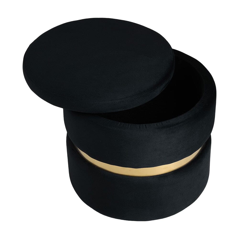 Velvet Storage Ottoman with Gold Ring Base – Compact Upholstered Footstool Living and Home Black 