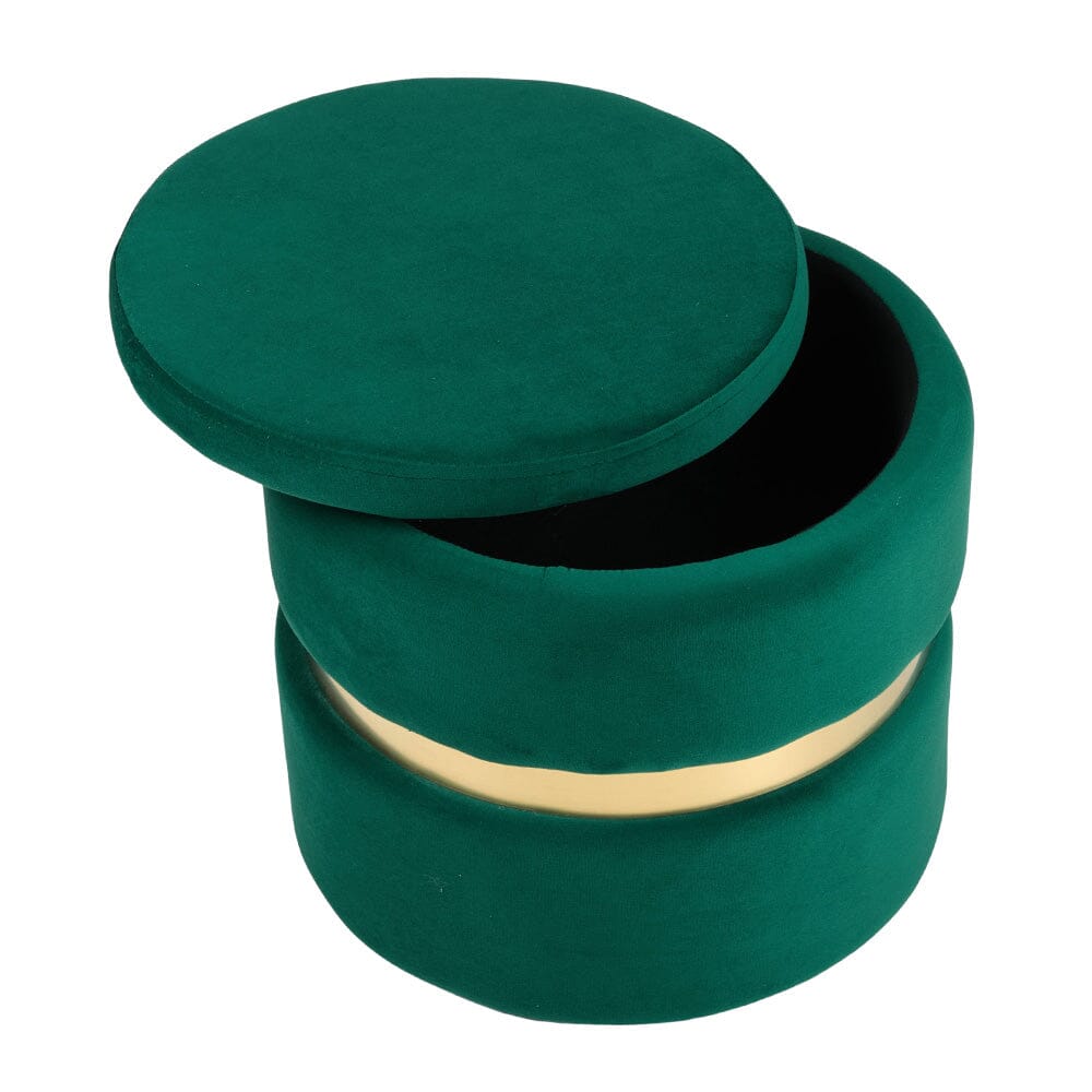 Velvet Storage Ottoman with Gold Ring Base – Compact Upholstered Footstool Living and Home Green 