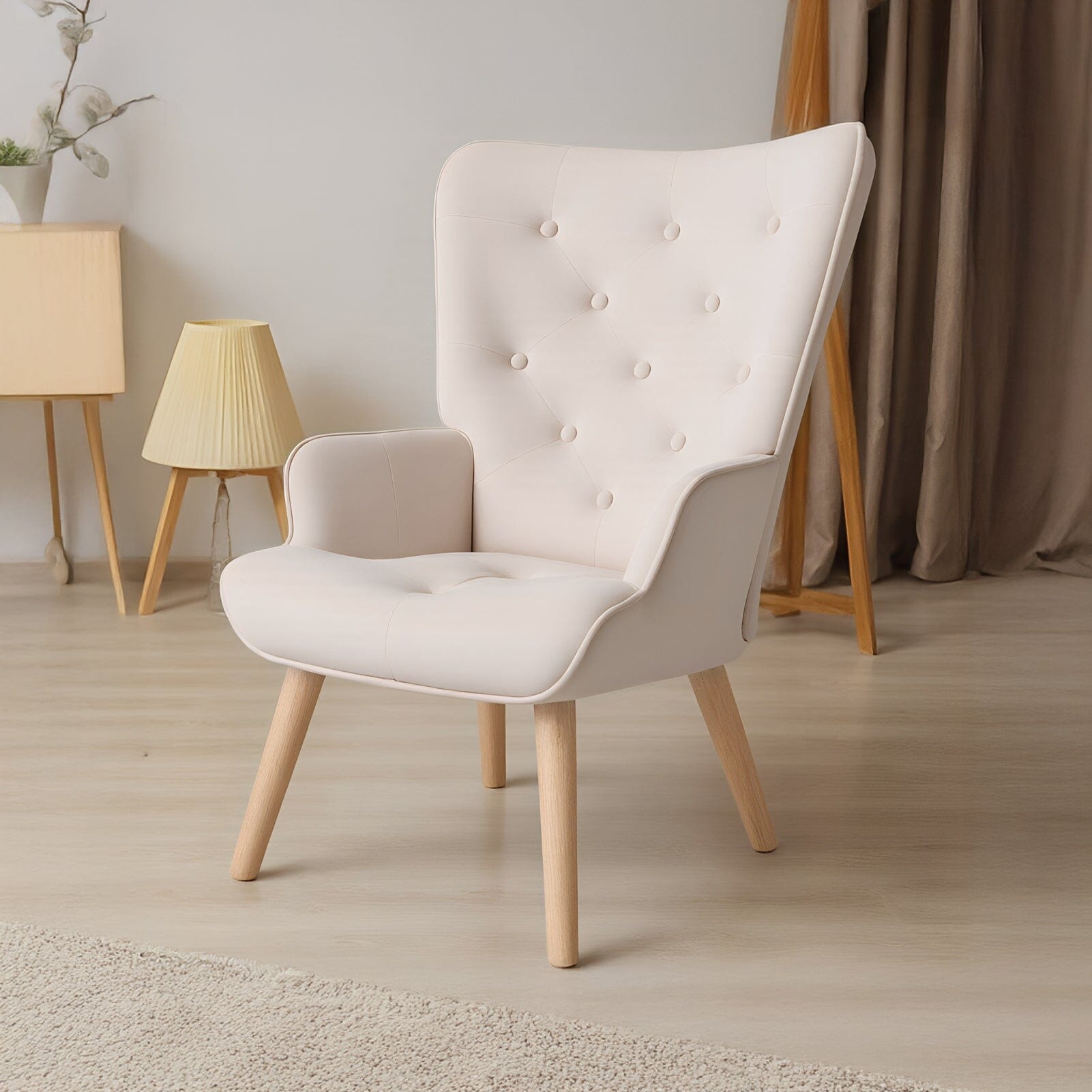 Retro Tufted Wingback Accent Chair Velvet Fabric Living and Home Beige 