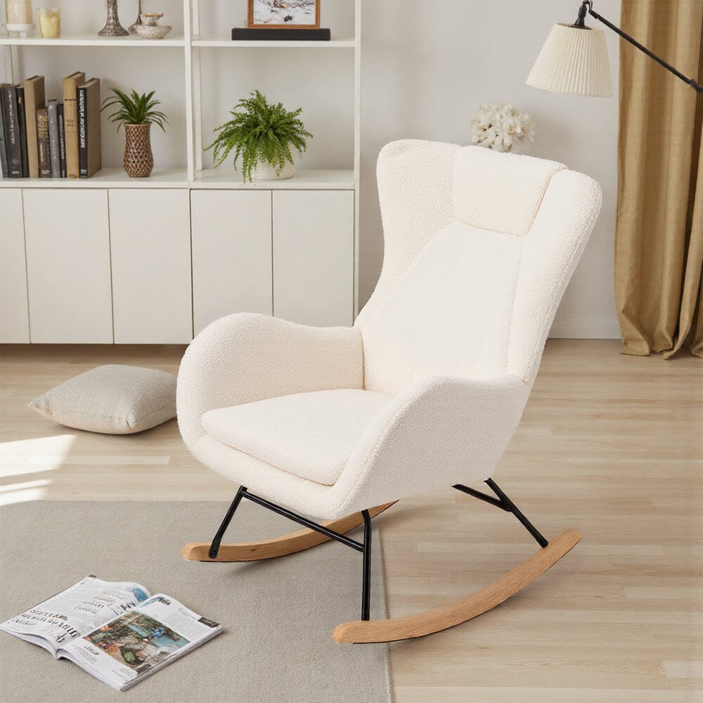 Modern Teddy Fabric Rocking Chair with Wooden Legs Living and Home Teddy White 