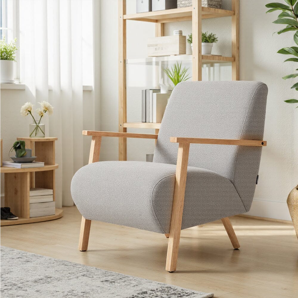 Scandinavian Accent Chair Chenille Fabric with Wooden Armrests Living and Home 