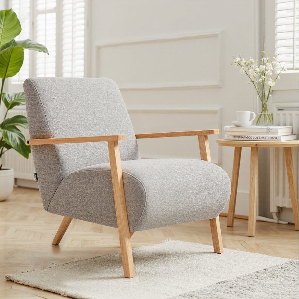 Scandinavian Accent Chair Chenille Fabric with Wooden Armrests Living and Home 