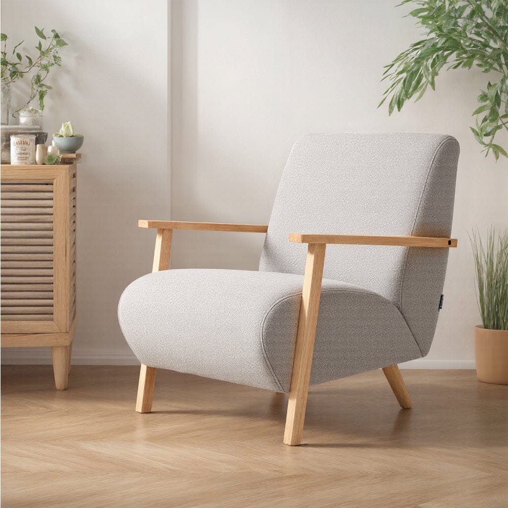 Scandinavian Accent Chair Chenille Fabric with Wooden Armrests Living and Home 