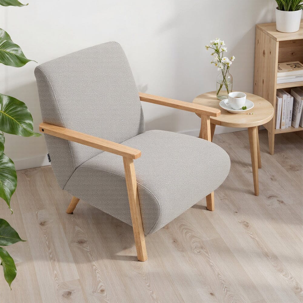 Scandinavian Accent Chair Chenille Fabric with Wooden Armrests Living and Home 