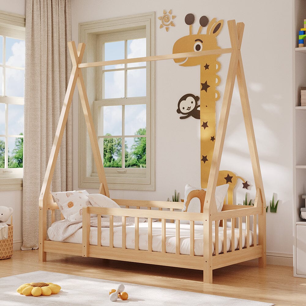 Wood House Bed Frame Low Platform Kids Bed with Safety Fence Bed Frames Living and Home 