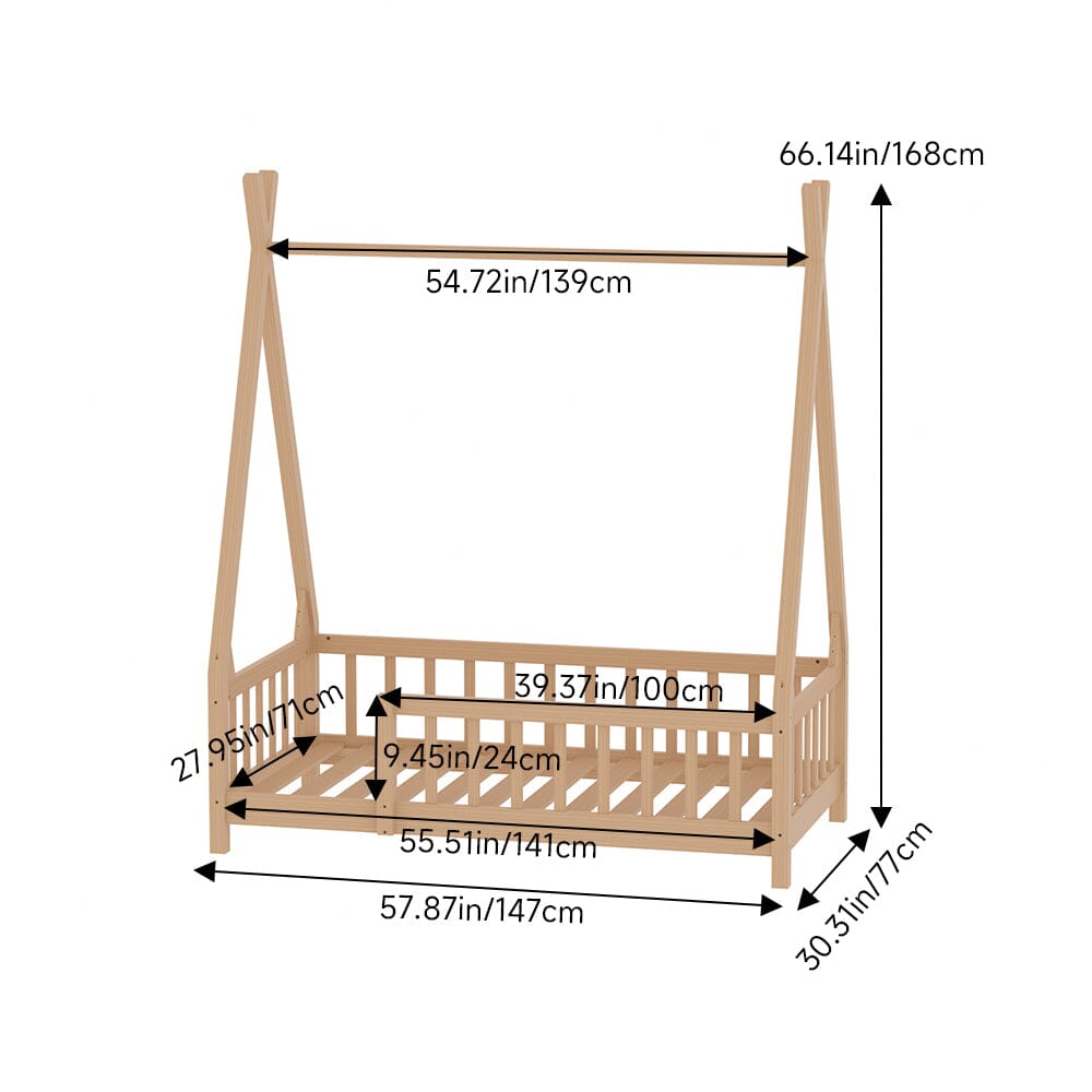 Wood House Bed Frame Low Platform Kids Bed with Safety Fence Bed Frames Living and Home 