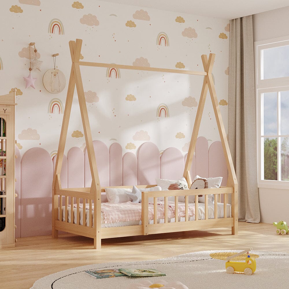 Wood House Bed Frame Low Platform Kids Bed with Safety Fence Bed Frames Living and Home 