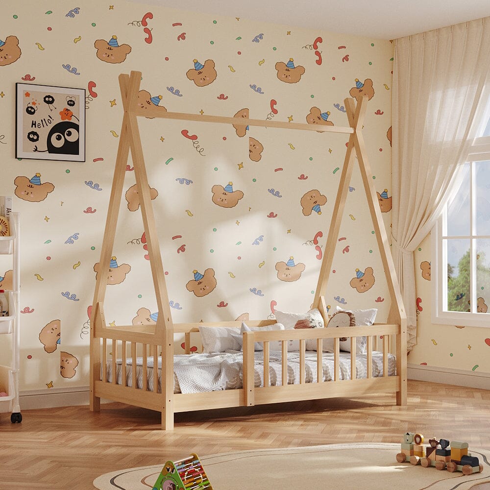 Wood House Bed Frame Low Platform Kids Bed with Safety Fence Bed Frames Living and Home 