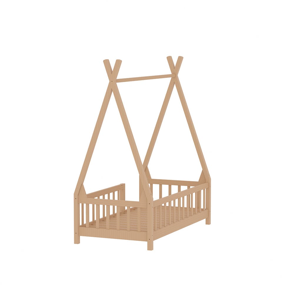 Wood House Bed Frame Low Platform Kids Bed with Safety Fence Bed Frames Living and Home 