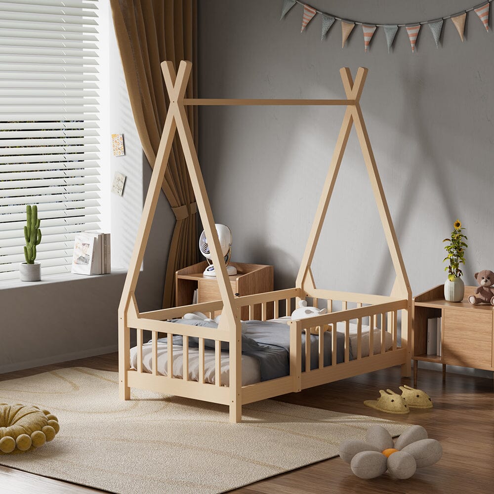 Wood House Bed Frame Low Platform Kids Bed with Safety Fence Bed Frames Living and Home 