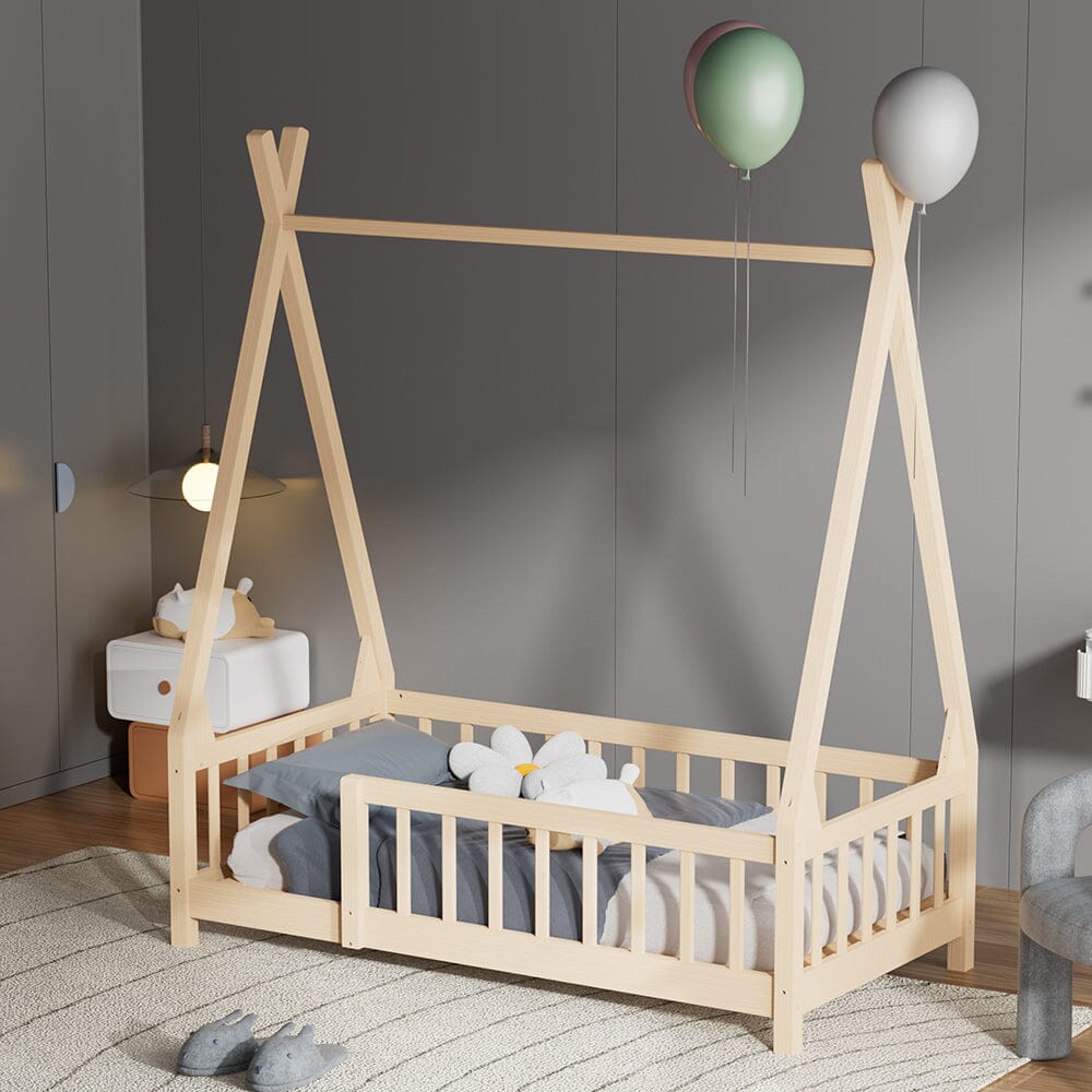 Wood House Bed Frame Low Platform Kids Bed with Safety Fence Bed Frames Living and Home 