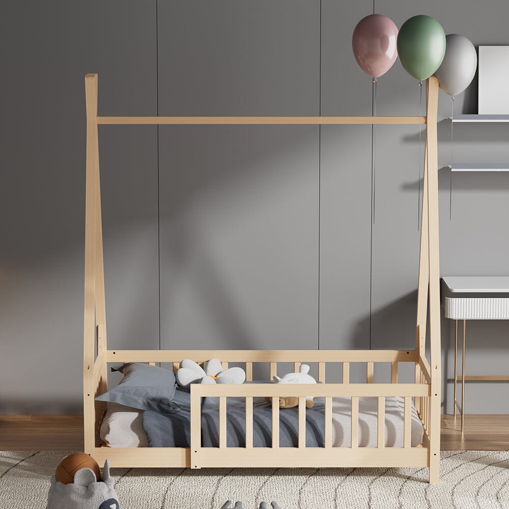 Wood House Bed Frame Low Platform Kids Bed with Safety Fence Bed Frames Living and Home 