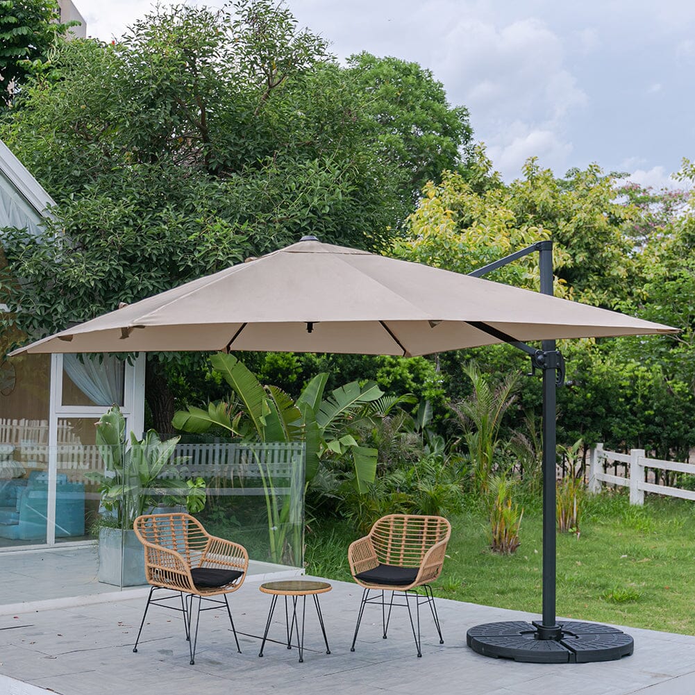 300cm Wide Garden Parasol Outdoor Hanging UV Resistant and Waterproof Umbrella for Patio Parasols Living and Home Parasol + Cross Base + Round Water Tank Khaki 