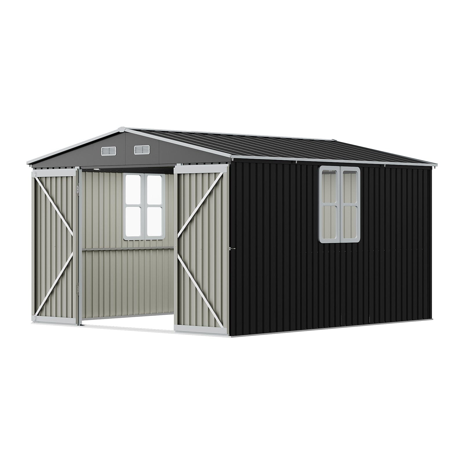 12x10ft / 10x12ft / 10x16ft Charcoal Black Galvanized Steel Storage Shed with Double Lockable Doors & Grid Windows Living and Home 