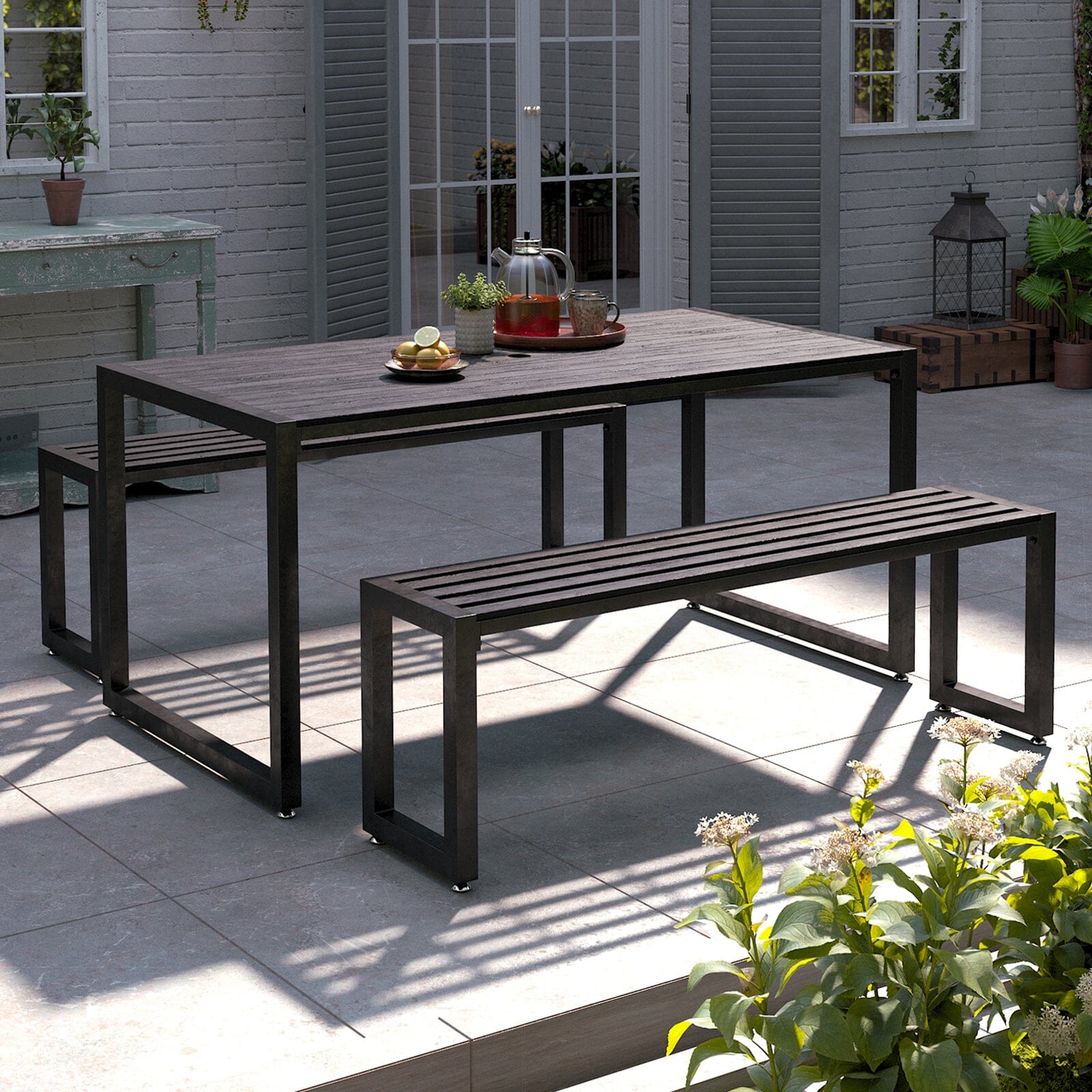 6 - Person 150cm Long Iron Outdoor Dining Set Garden Table and Bench Garden Dining Sets Living and Home 
