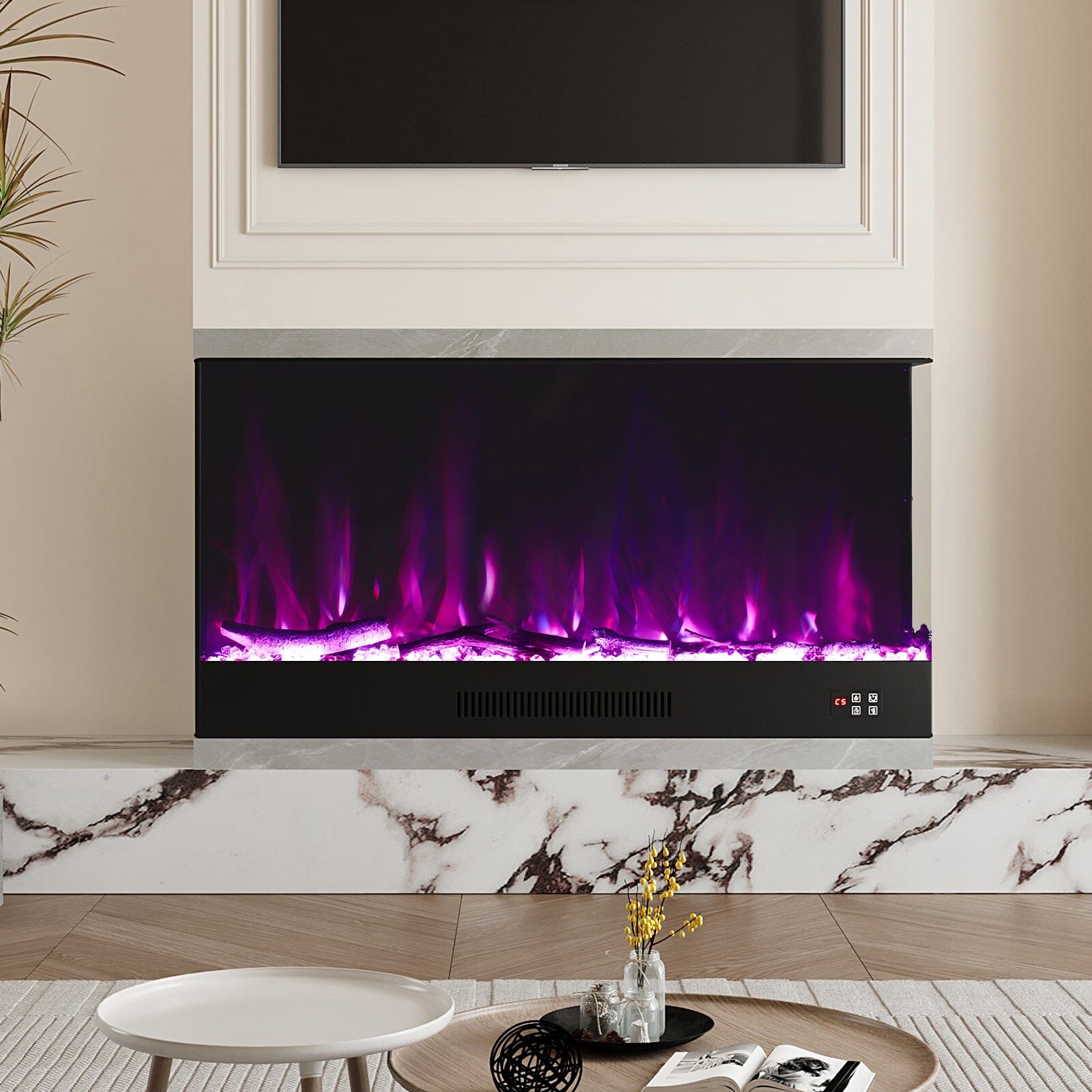 46/60inch L-Shaped Electric Fireplace – WiFi Control, LED Display, Resin Logs & Crystal Stones with Heating Living and Home 