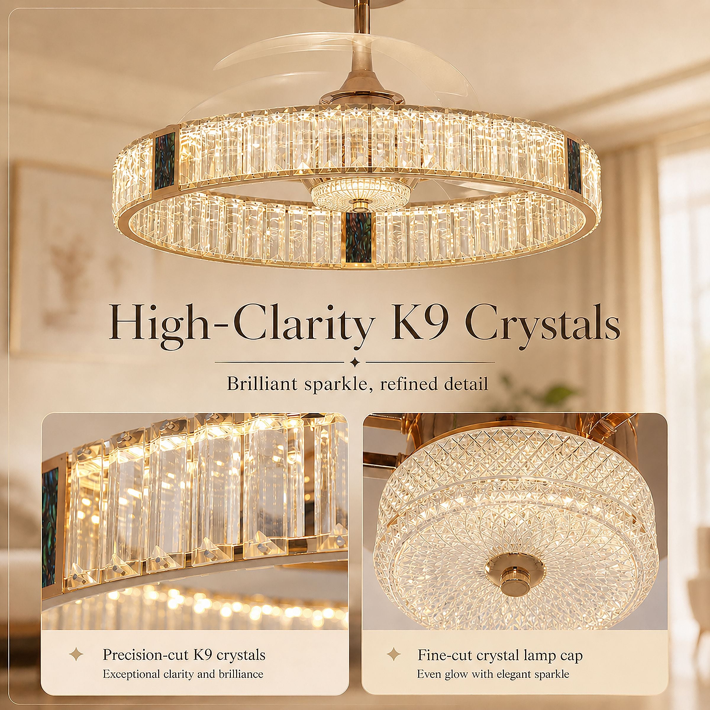 Lightsin 60cm Gold Crystal Ceiling Fan with LED Light, Remote Control & 6 Speeds Lightsin UK 