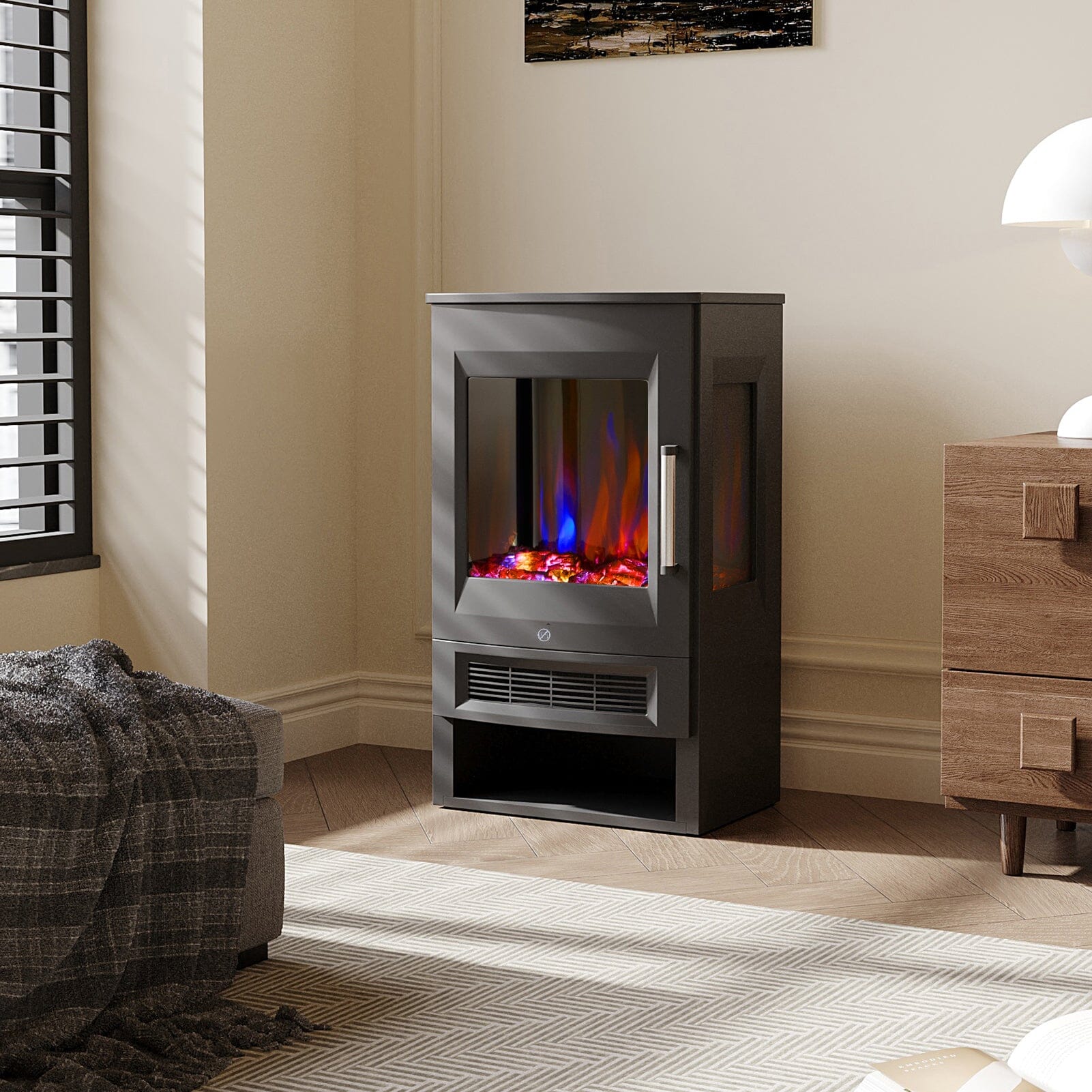 Smallbee 3-Sided Freestanding Electric Fireplace with Remote Control – Black, 900/1800W, Adjustable LED Flame & Temperature Smallbee UK 