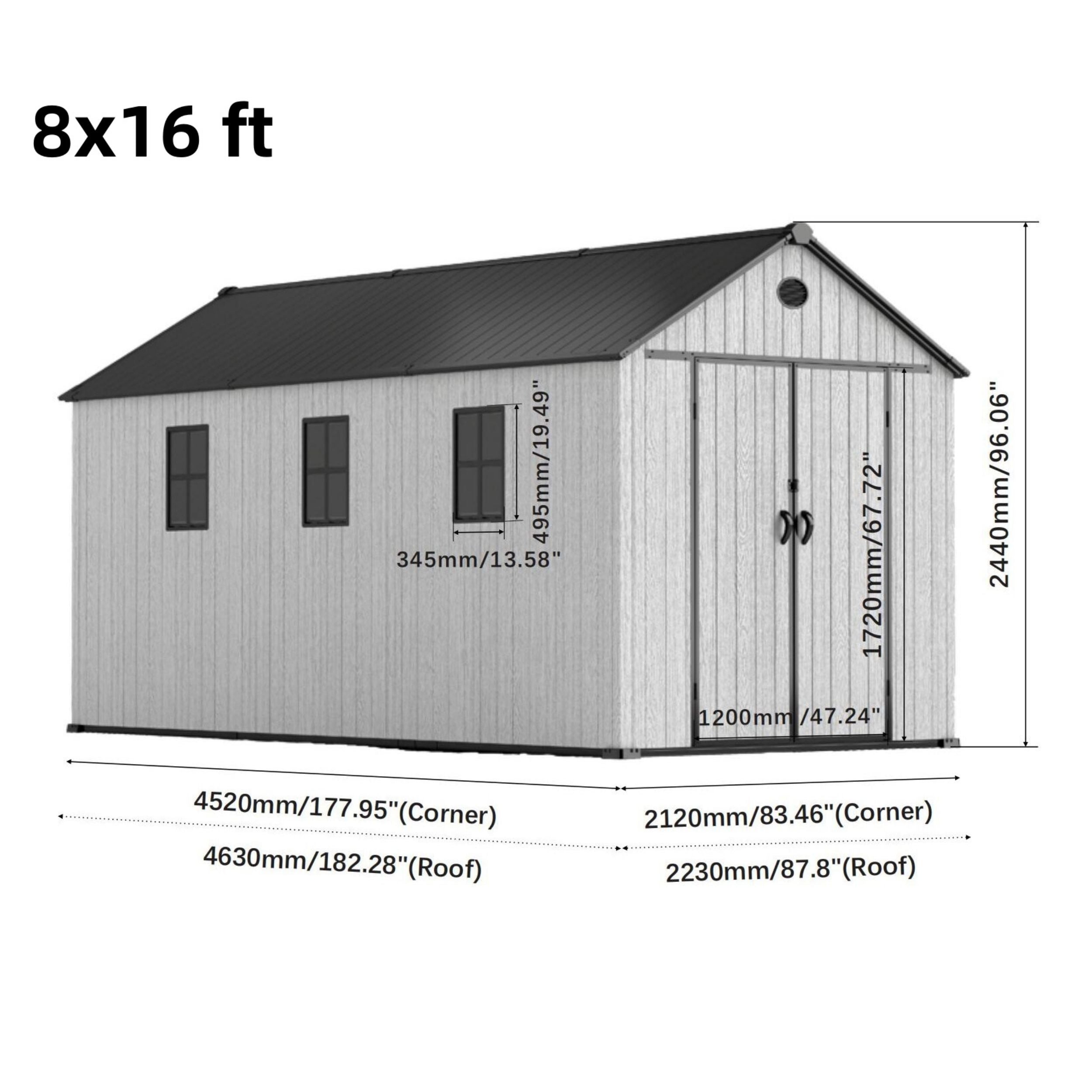 6'x8'ft/8'x8'ft/8'x12'ft/8'x16'ft Gray Wood Grain Plastic Tool Shed Living and Home 