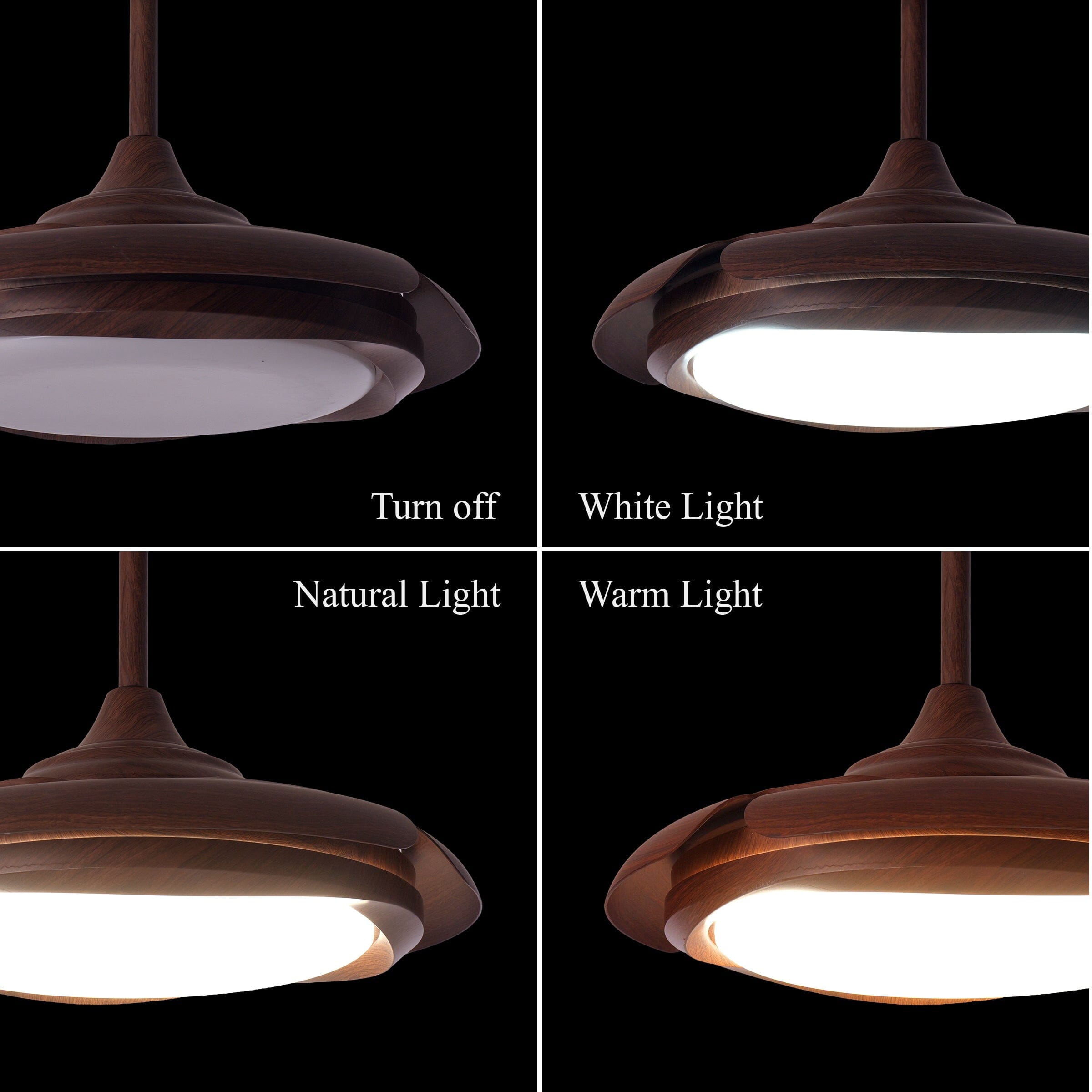 Warm, natural and white light modes for walnut effect LED ceiling fan light