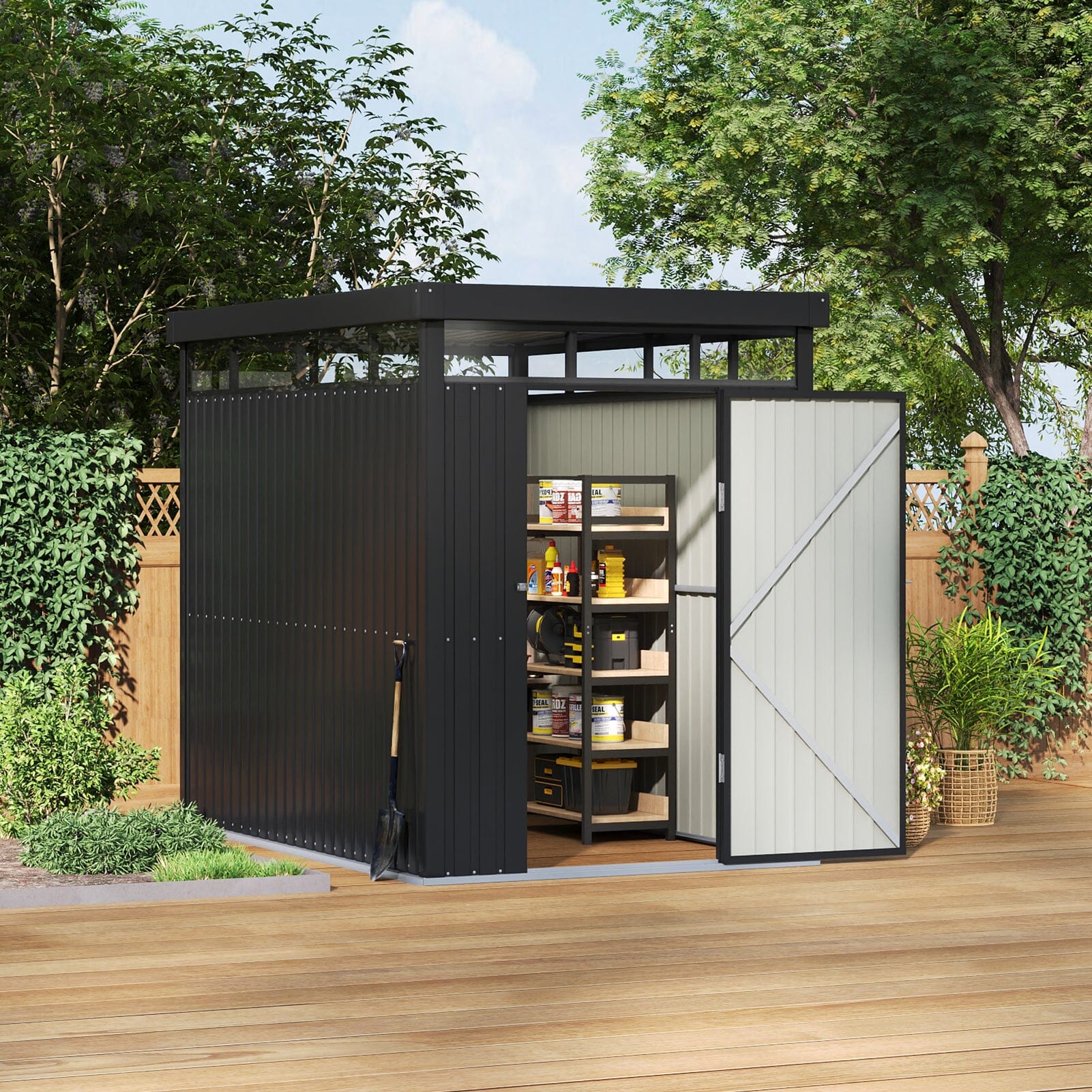 2x2.6x2m/1.6x2.6x2m/2.6x3x2m/4x3x2m Charcoal Black Galvanized Steel Storage Shed with Double/Single Lockable Doors Living and Home 