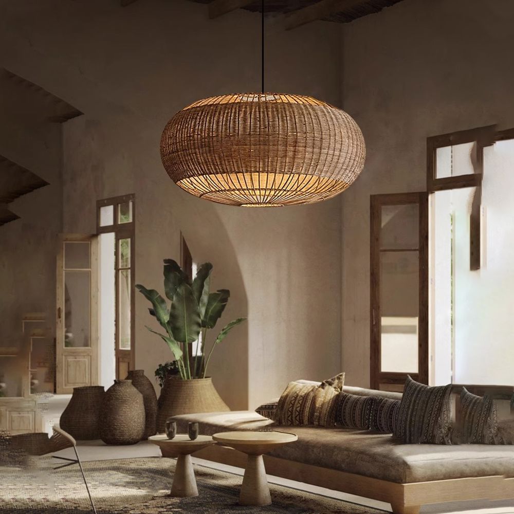 Lightsin Handcrafted Rattan Pendant Light in Flat Round Basket Shape Lightsin UK 50cm Dia×28cm 