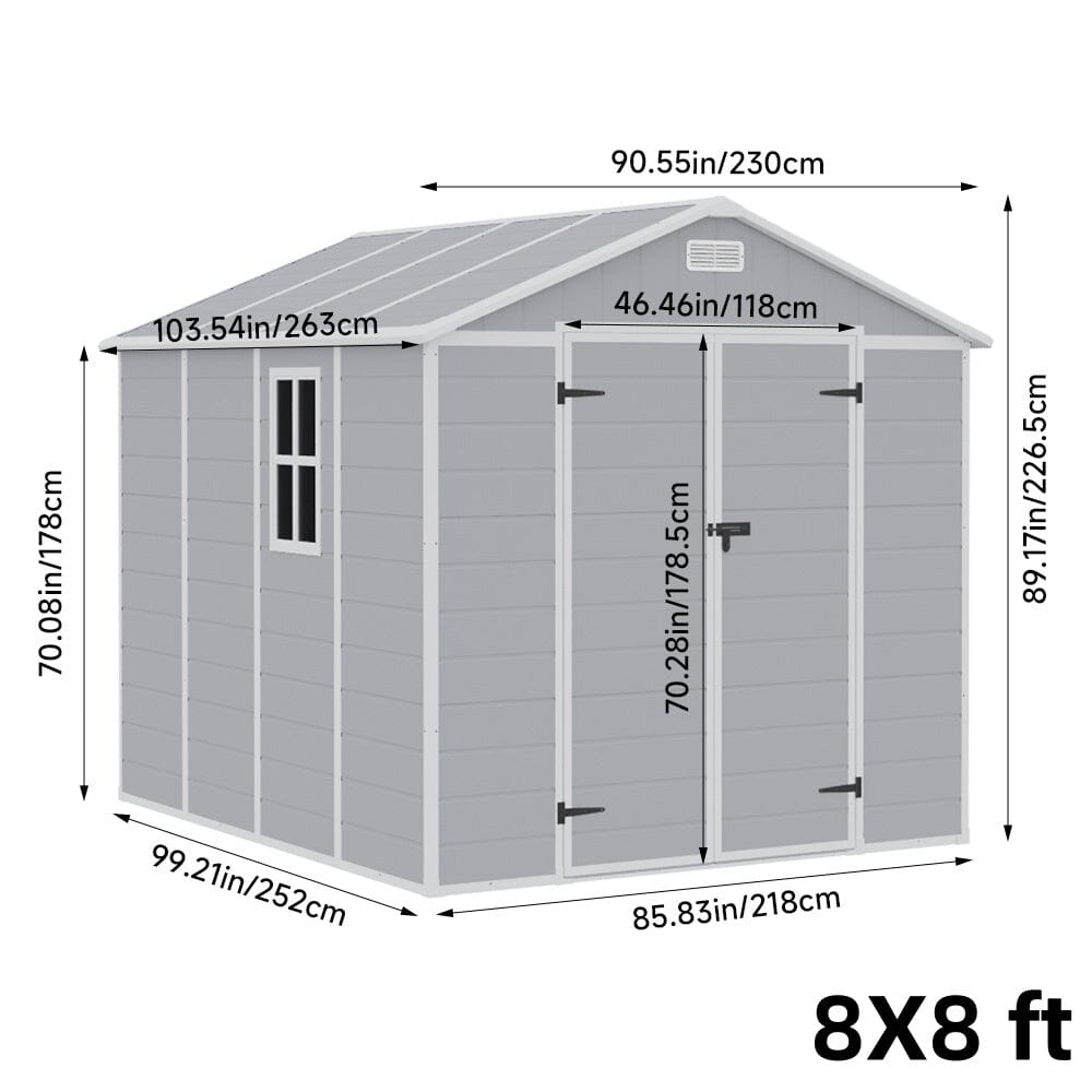 8x6ft / 8x8ft Plastic Outdoor Apex Roof Tool Shed with Dual-door (Ver.2) Living and Home 