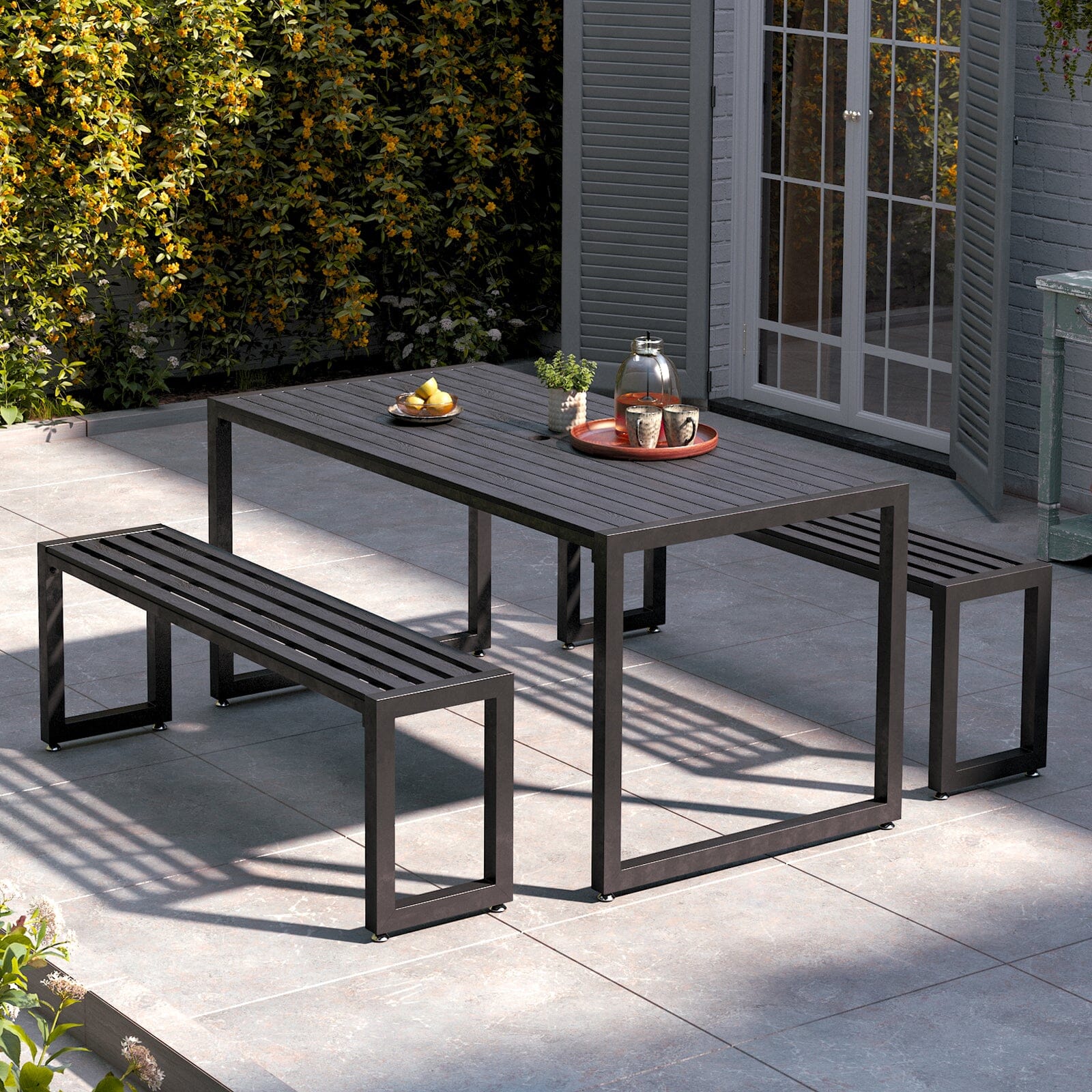 6 - Person 150cm Long Iron Outdoor Dining Set Garden Table and Bench Garden Dining Sets Living and Home 