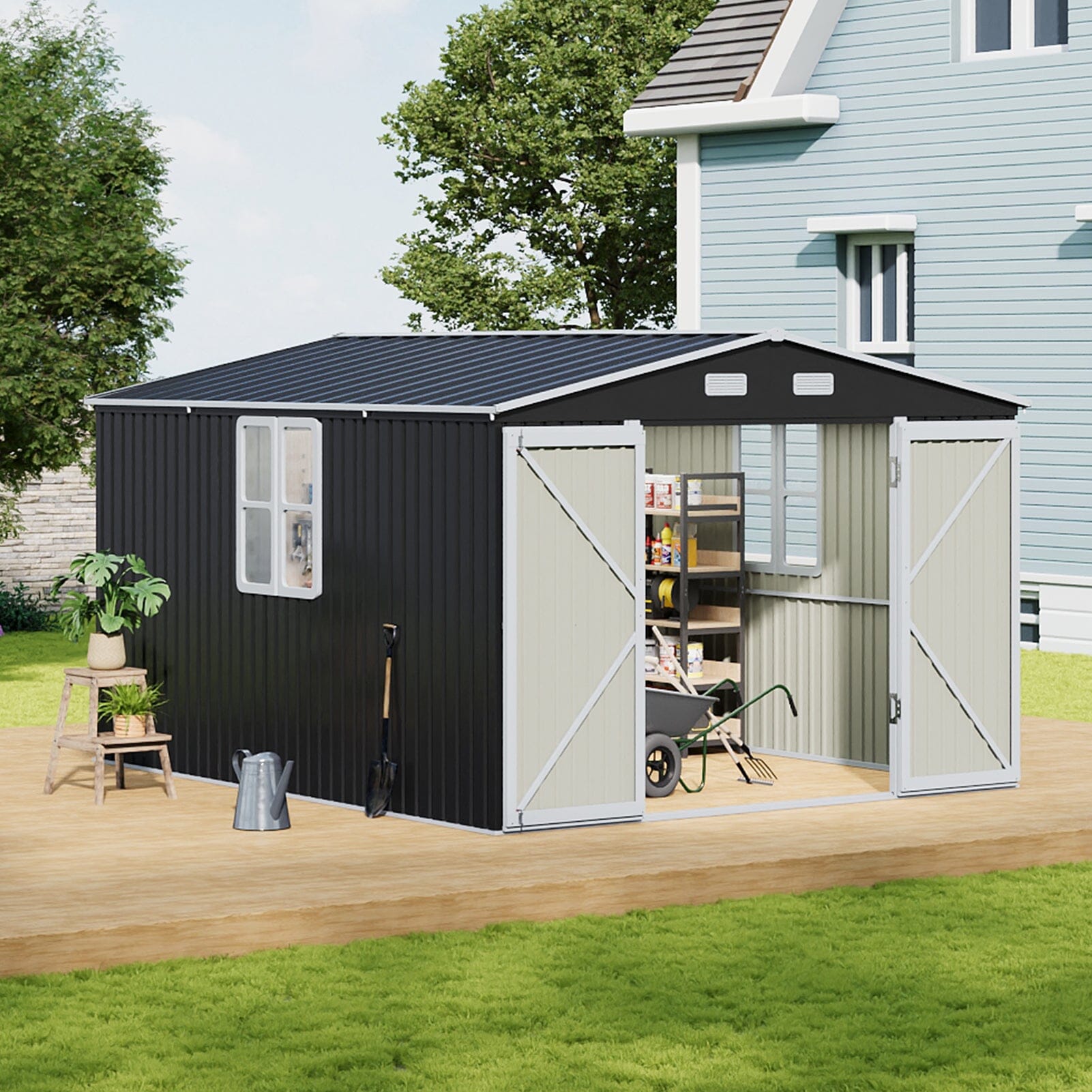 12x10ft / 10x12ft / 10x16ft Charcoal Black Galvanized Steel Storage Shed with Double Lockable Doors & Grid Windows Living and Home 