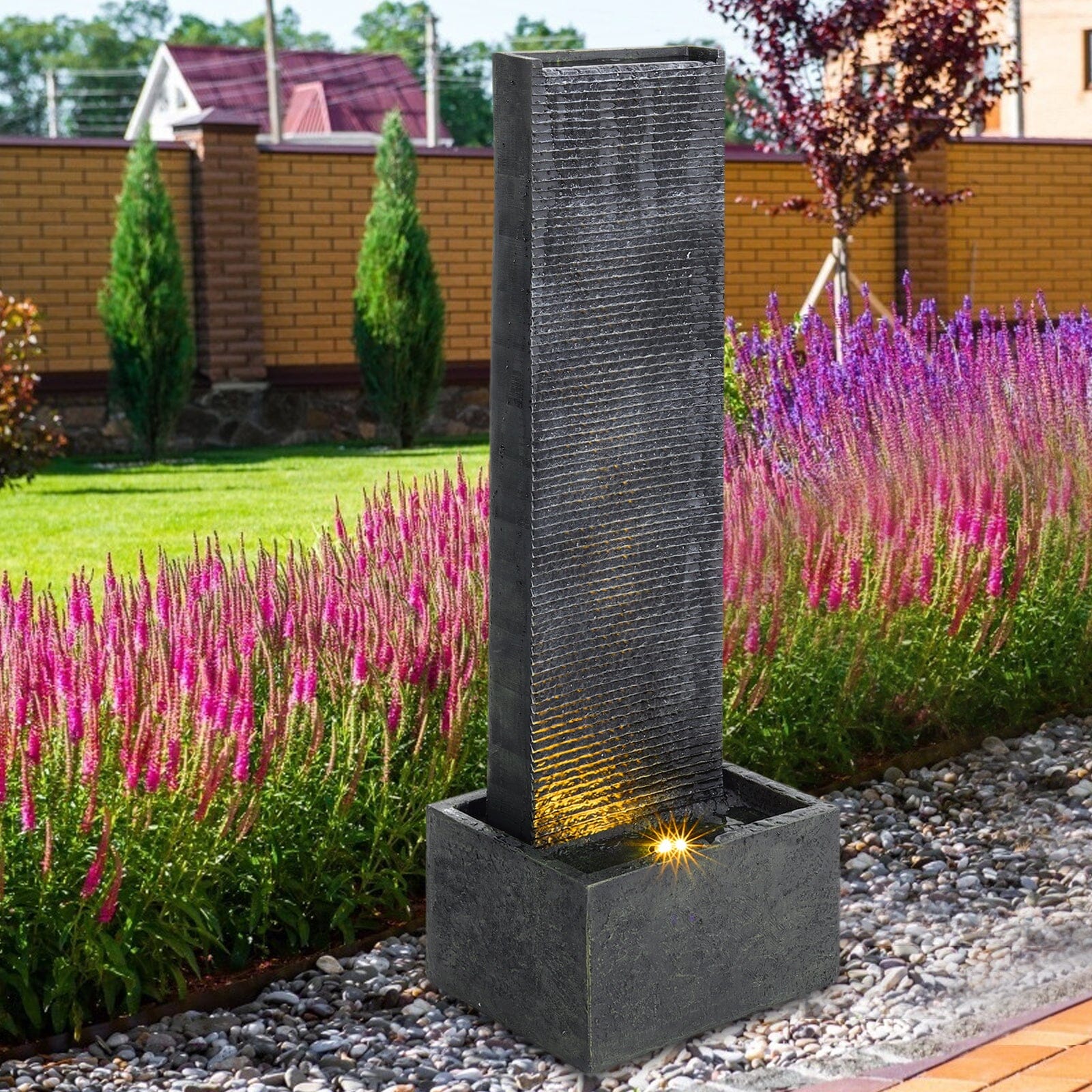 98cm H Black Rectangle Waterfall Stone Look Water Fountain with LED Light Fountains Living and Home 