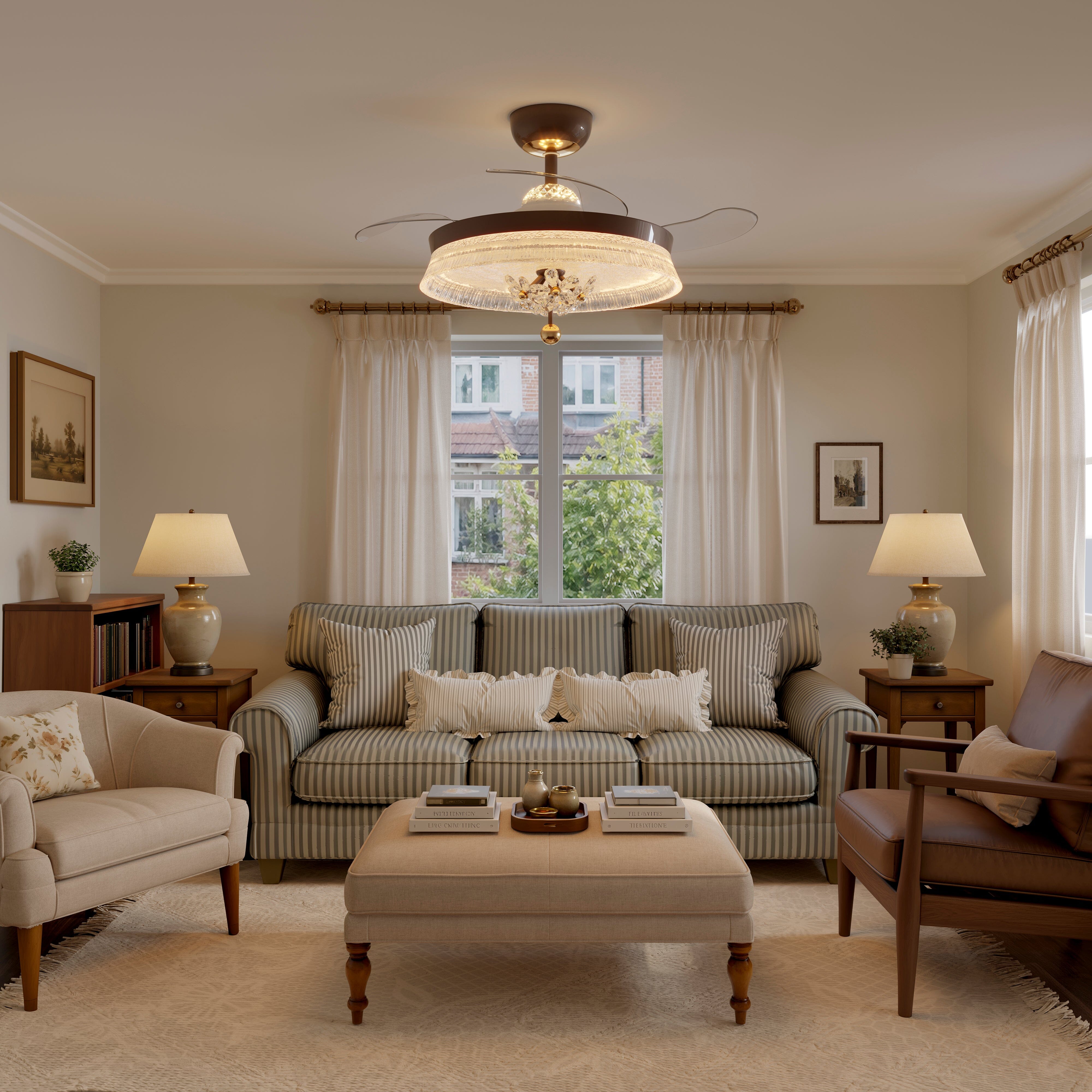 36 inch reversible ceiling fan with LED light cooling a bright bedroom