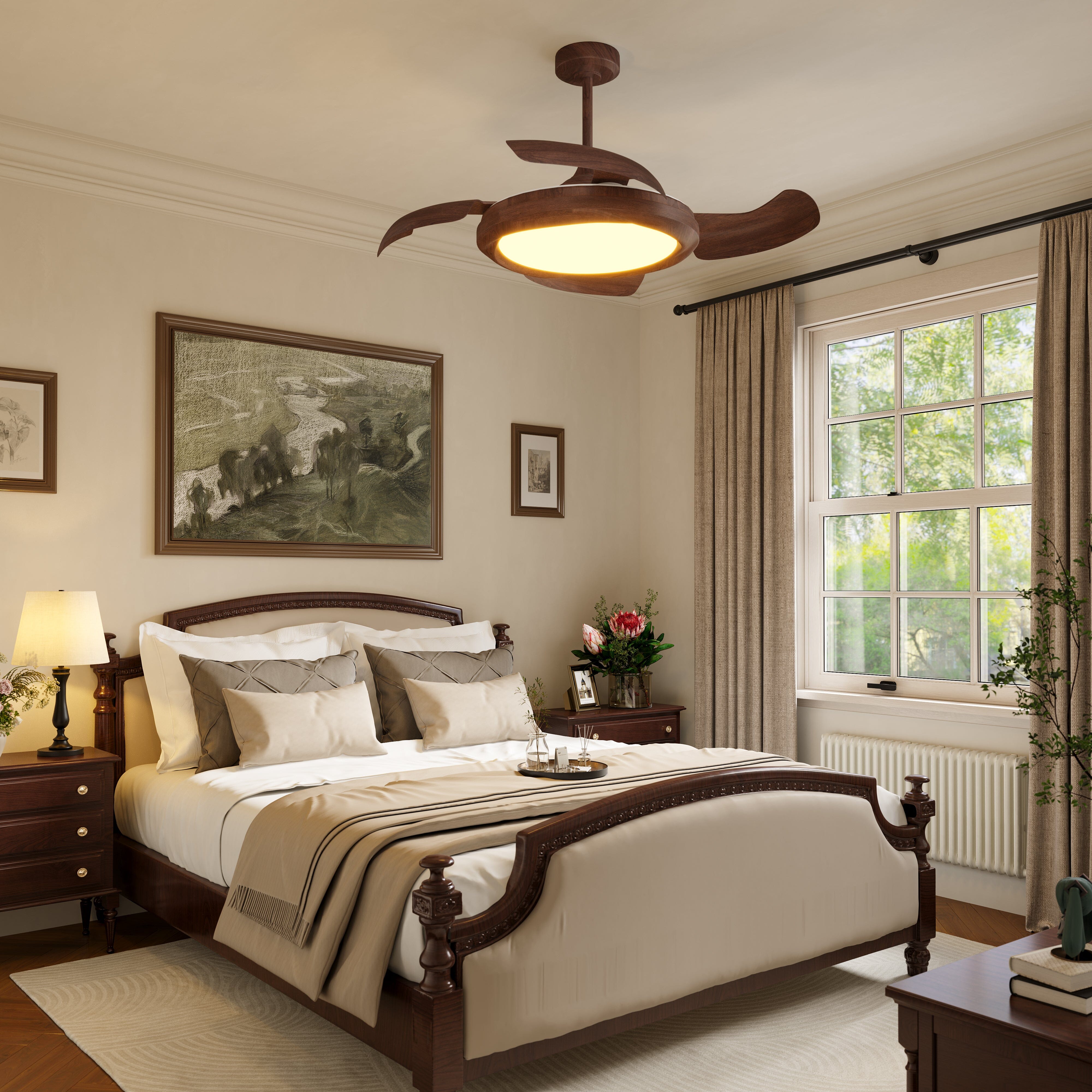 Walnut effect ceiling fan light with warm glow in a traditional bedroom
