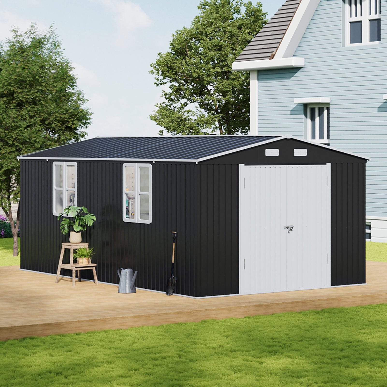 12x10ft / 10x12ft / 10x16ft Charcoal Black Galvanized Steel Storage Shed with Double Lockable Doors & Grid Windows Living and Home 